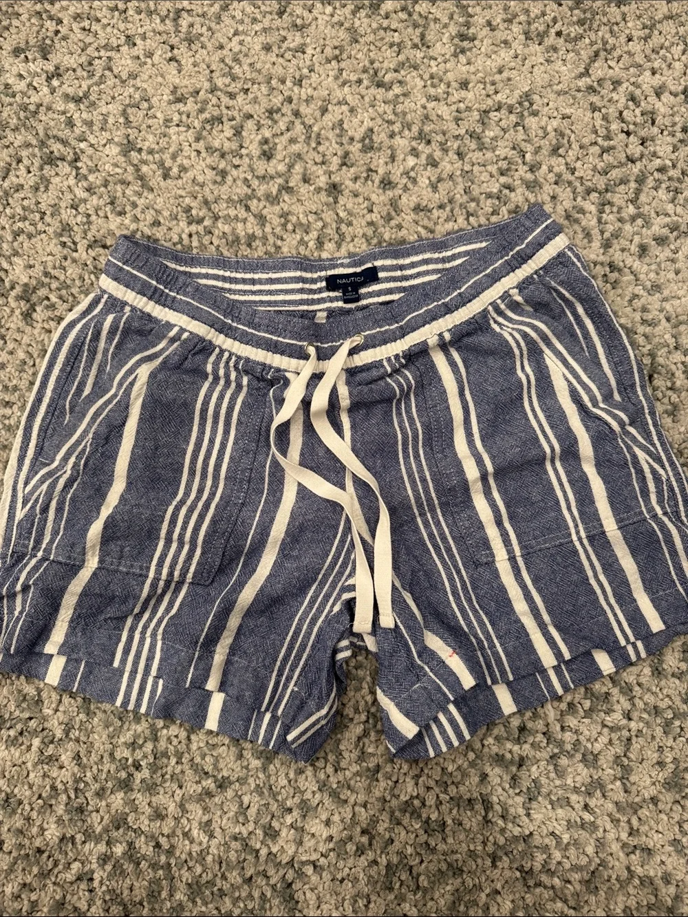 Nautica Navy and White Striped Drawstring Athletic Shorts